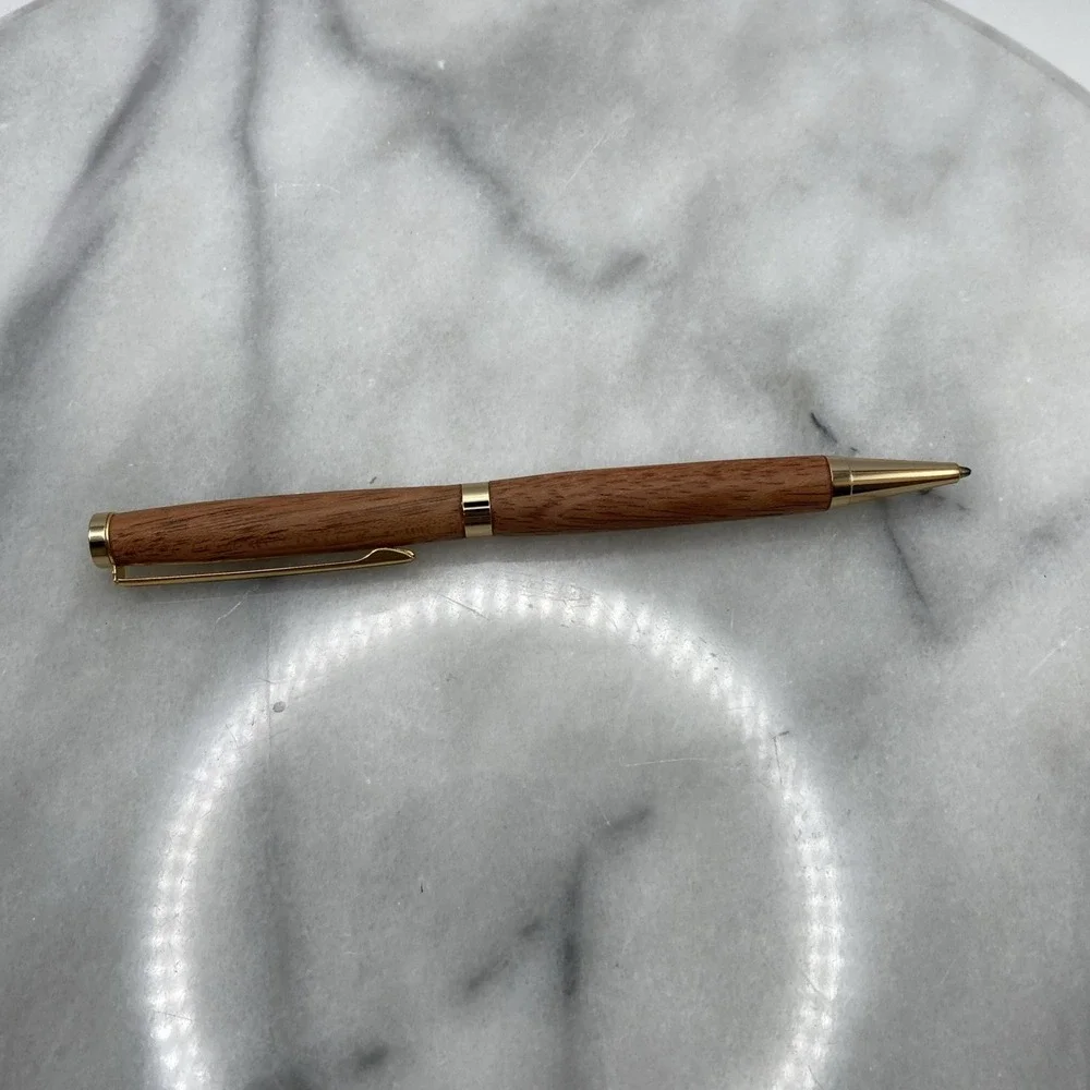 Elegant Slimline Handmade Wooden Ball Point Twist Blue Pen W/ Gold Plated Trim